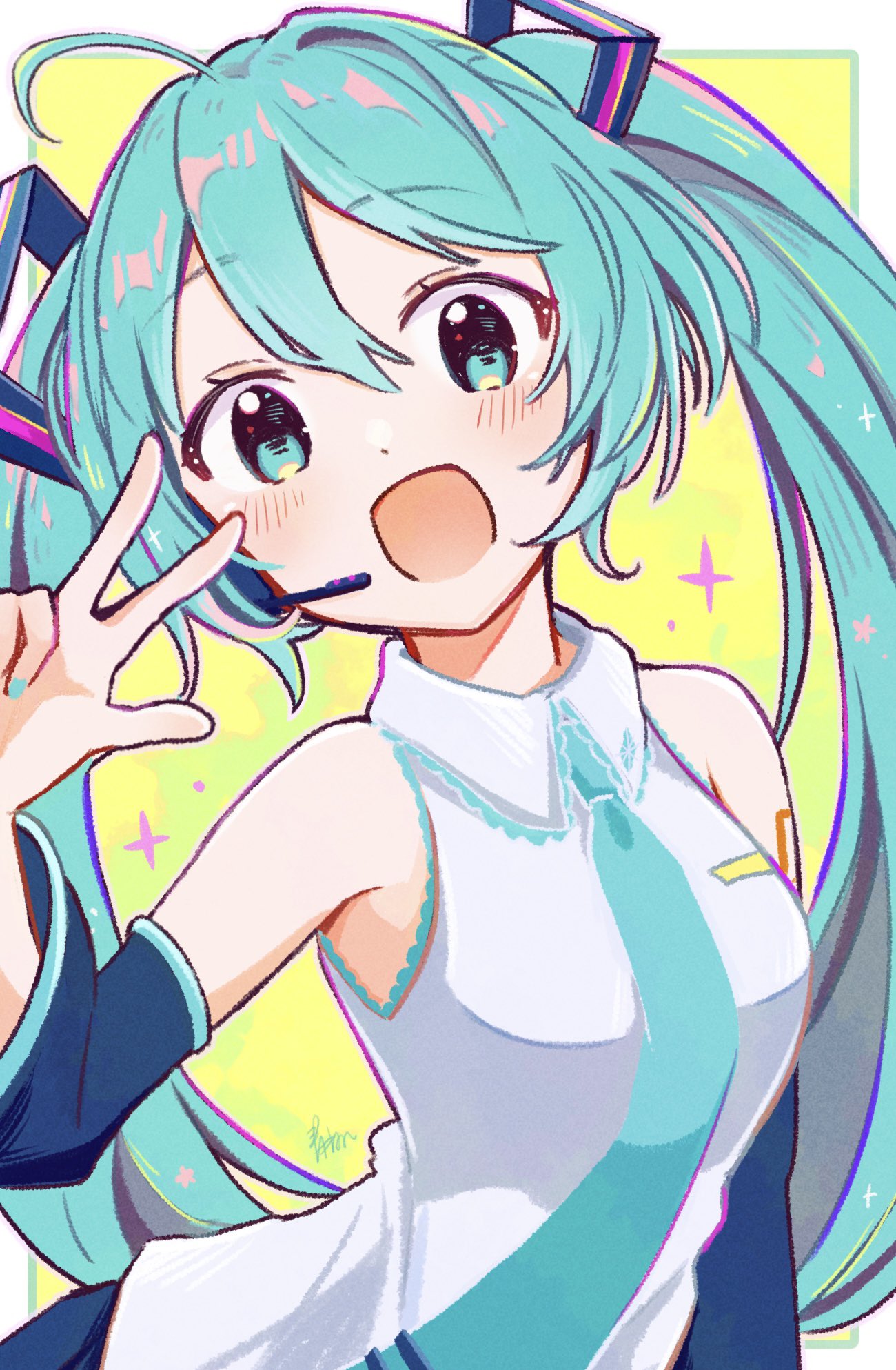 1girl ahoge aoiyui aqua_eyes aqua_hair aqua_nails aqua_necktie bare_shoulders black_sleeves border commentary_request detached_sleeves hair_between_eyes hatsune_miku headphones highres inset_border light_blush looking_at_viewer necktie open_mouth shirt shoulder_tattoo sidelocks smile solo sparkle tattoo twintails v vocaloid white_border white_shirt yellow_background
