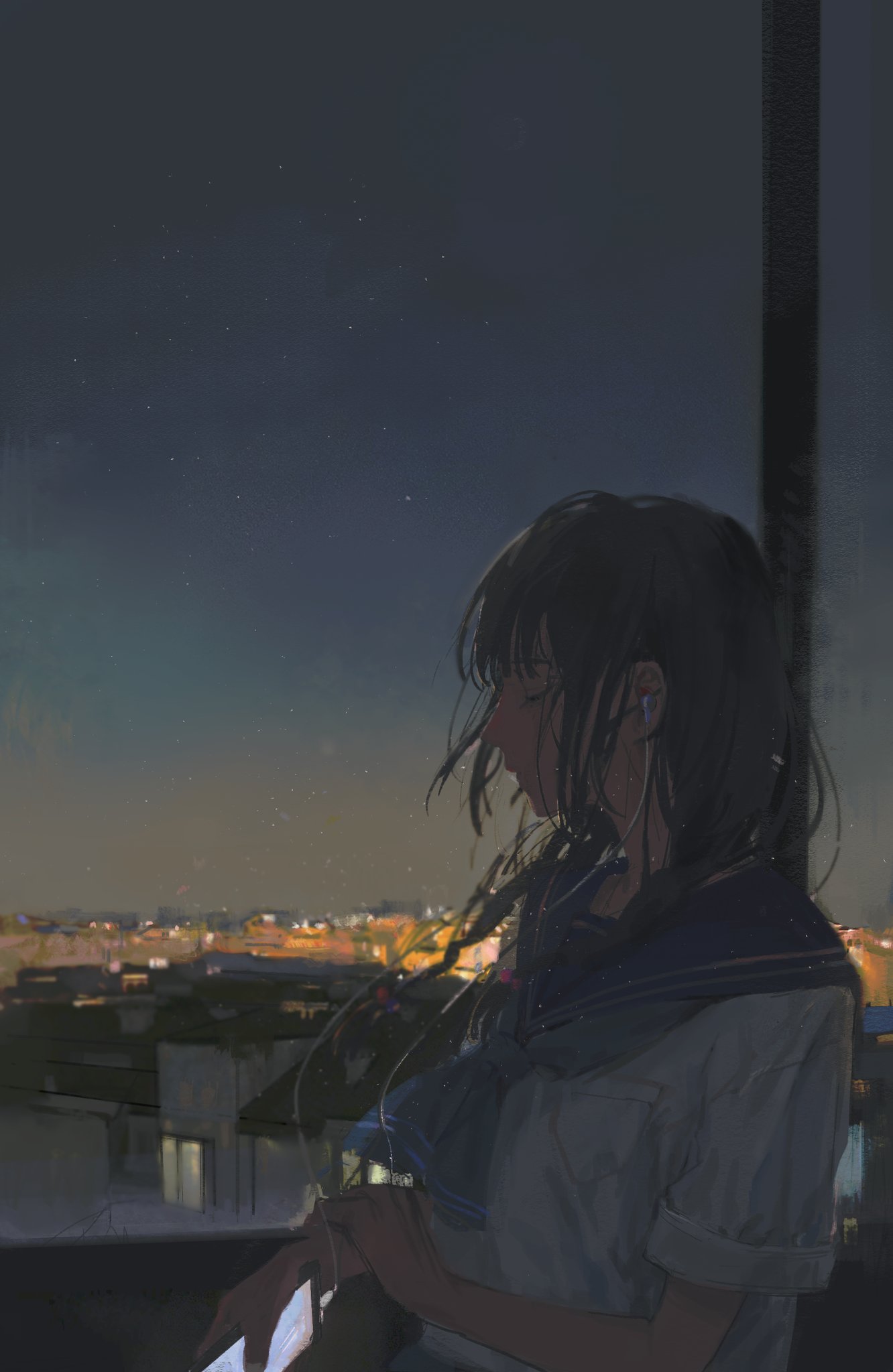 1girl amemori_sayo ascot black_hair blue_ascot blue_background blue_sailor_collar cellphone city closed_eyes collared_shirt dark dusk earbuds earphones from_side hand_on_own_wrist highres holding holding_phone indoors listening_to_music nijisanji parted_lips phone qunqing123 sailor_collar school_uniform serafuku shirt short_sleeves smartphone solo upper_body virtual_youtuber white_shirt white_sleeves window