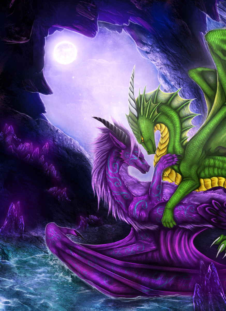 ambiguous_gender arcnovahope cave cuddling dragon duo feral fur furred_dragon green_body hi_res kalemendrax_(kalemendrax) light lovers_moment moon moonlight purple_body selianth water yellow_eyes