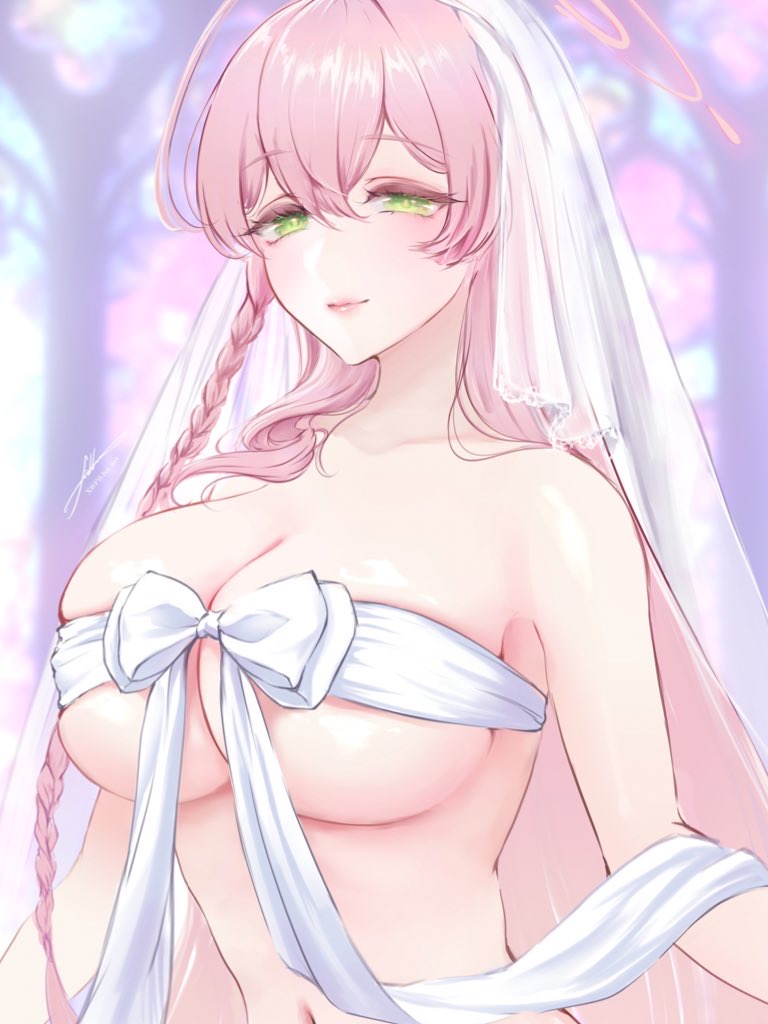 1girl ahoge blue_archive braid breasts closed_mouth filha green_eyes halo hanako_(blue_archive) huge_breasts long_hair looking_at_viewer naked_ribbon navel pink_hair pink_halo pink_lips ribbon smile solo stomach wedding white_ribbon white_veil