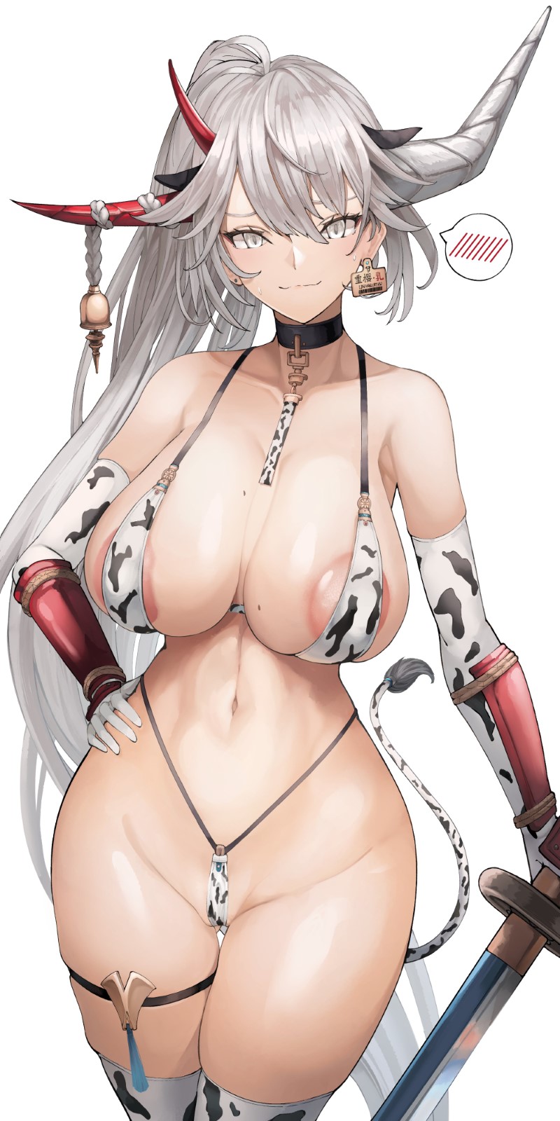 1girl animal_ears animal_print areola_slip asymmetrical_horns azur_lane bare_shoulders bikini blush breasts choker cleavage closed_mouth collarbone cow_ears cow_girl cow_print cow_print_bikini cow_tail cowboy_shot ear_tag earrings elbow_gloves gloves grey_eyes grey_hair groin hair_between_eyes hakuryuu_(azur_lane) hand_on_own_hip highleg highleg_bikini highres holding holding_sword holding_weapon horns jewelry large_breasts long_hair looking_at_viewer mole mole_on_breast navel ponytail print_bikini print_swimsuit red_horns simple_background skindentation smile solo standing stomach string_bikini sweatdrop swimsuit sword tail thigh_strap thighhighs thighs very_long_hair weapon white_background yusha_m