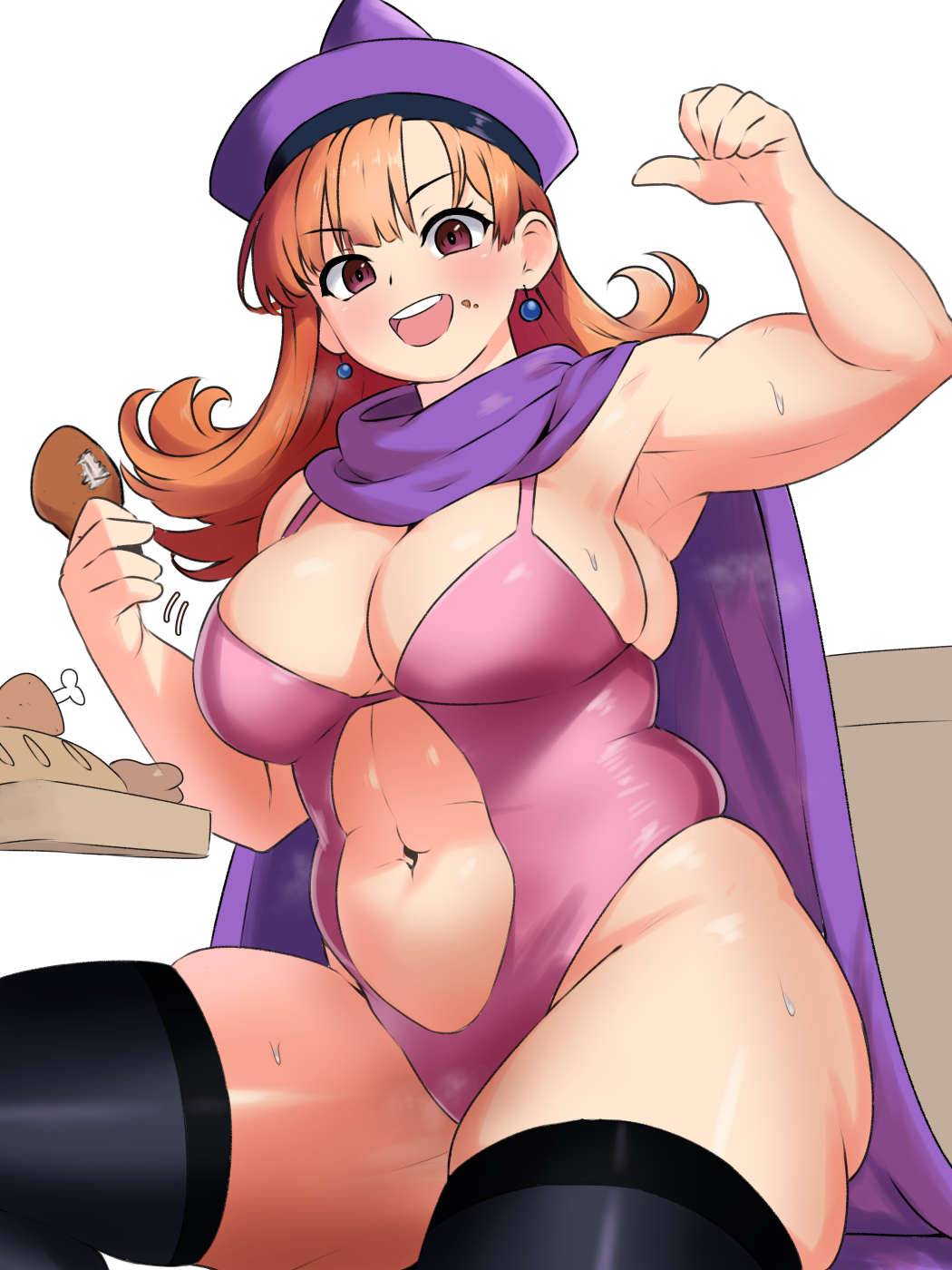 1girl alena_(dq4) alternate_body_size amogan armpits blush breasts cape cleavage commentary_request commission crumbs dragon_quest earrings feet_out_of_frame food food_on_face hair_between_eyes hat highres holding holding_food jewelry large_breasts leotard long_hair looking_at_viewer navel open_mouth orange_hair pink_leotard pink_leotard_(dq) pixiv_commission purple_cape purple_headwear skindentation solo sweat teeth thick_arms thick_thighs thighhighs thighs upper_teeth_only white_background