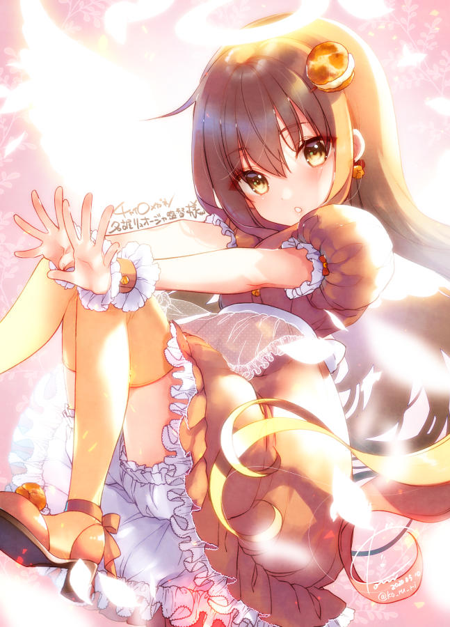 1girl alternate_costume blush brown_eyes brown_hair dated dress eyebrows_visible_through_hair feathers fumizuki_(kantai_collection) hair_between_eyes kantai_collection koruri long_hair open_mouth orange_dress orange_legwear puffy_short_sleeves puffy_sleeves short_sleeves signature solo thighhighs twitter_username wrist_cuffs