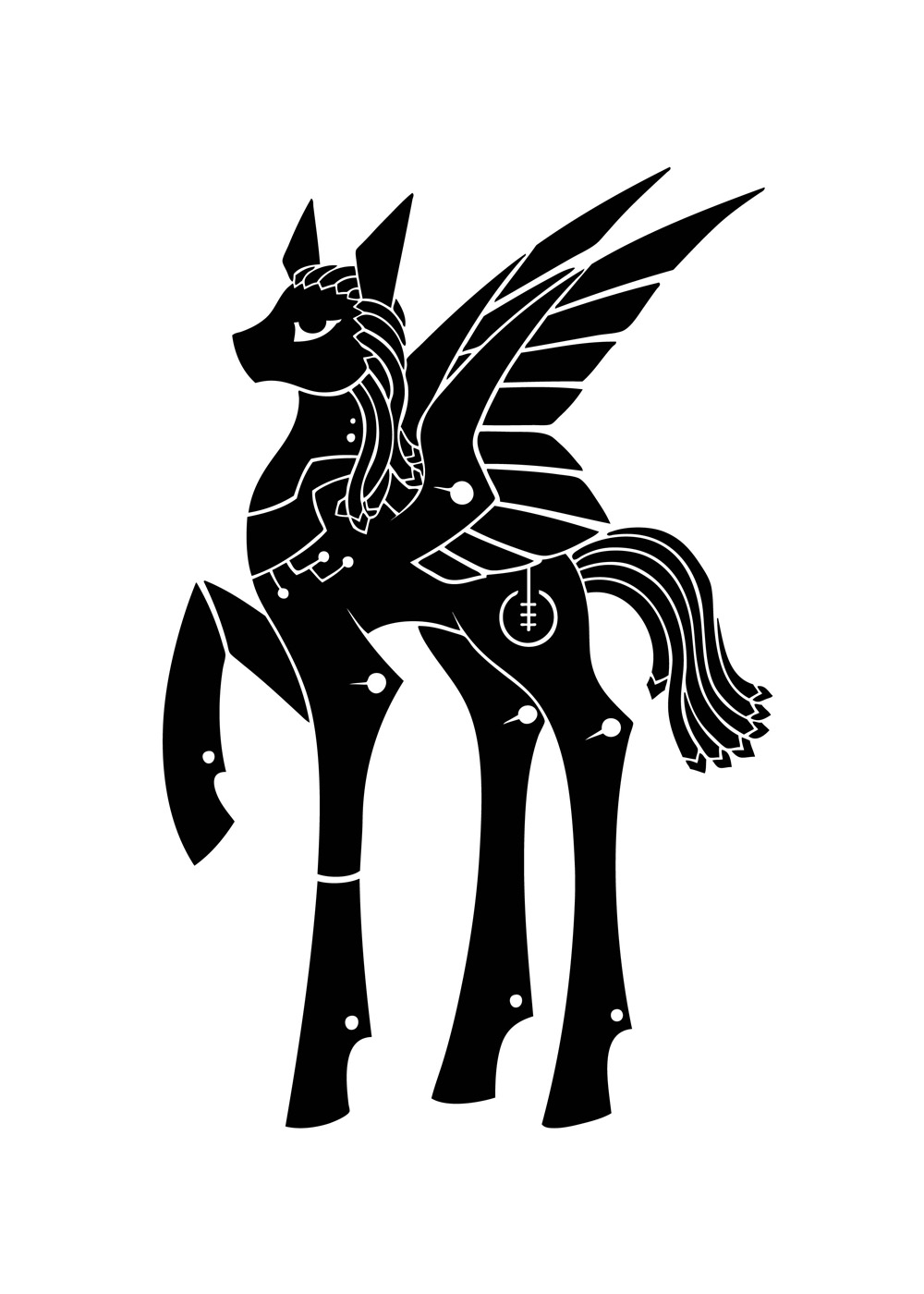 2015 alternate_species black_and_white cutie_mark cybernetics cyborg digital_drawing_(artwork) digital_media_(artwork) dreadlocks equid equine feathered_wings feathers female feral front_view full-length_portrait hair hasbro hi_res hooves horse long_hair machine mammal mane mechanical_wings metal_wings monochrome my_little_pony pegasus ponification pony portrait prick_ears quadruped raised_hoof raised_wings saint_hedwig scp_foundation side_view silhouette simple_background solo spread_wings standing sunnyclockwork three-quarter_view unguligrade white_background wings