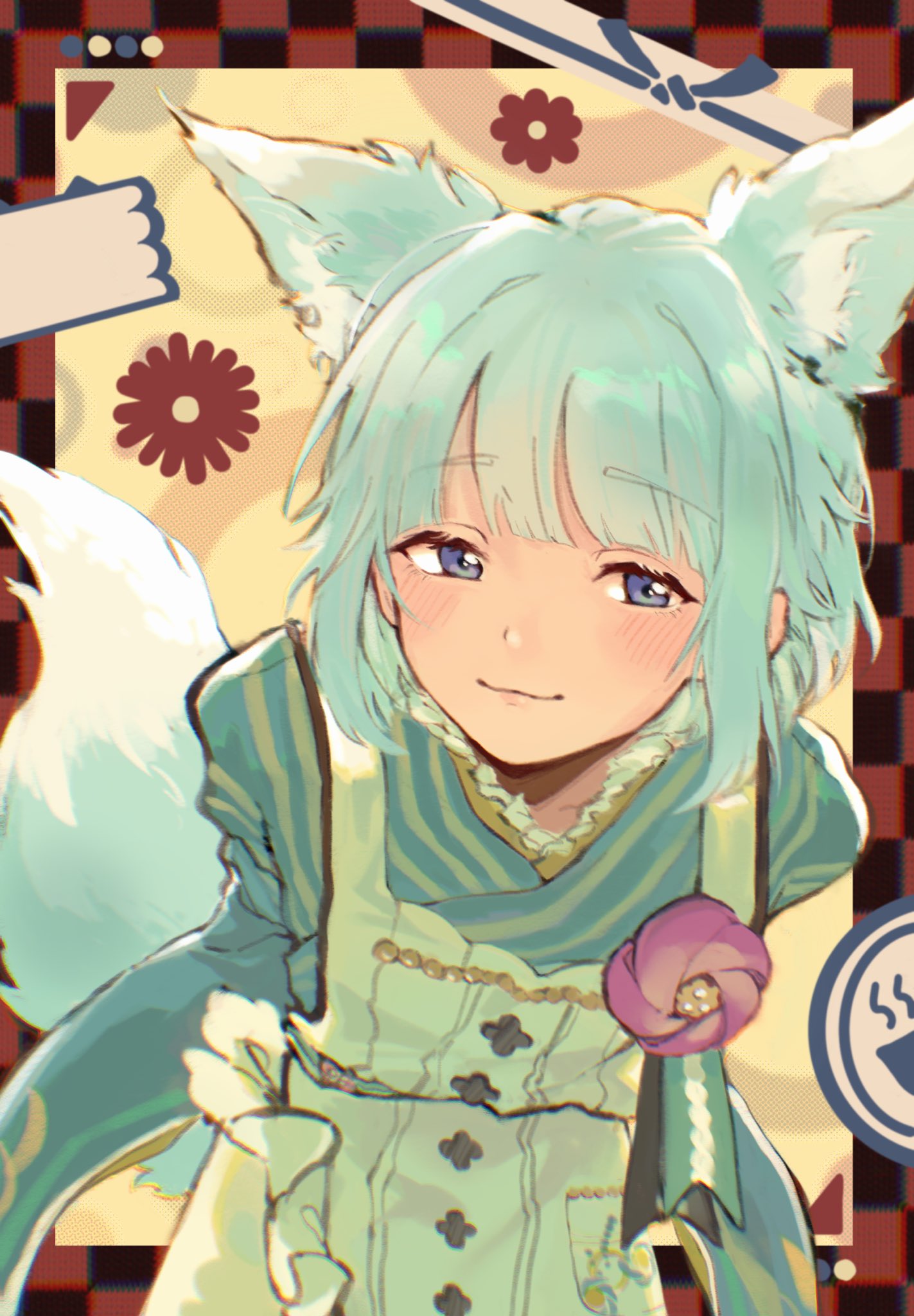 1boy androgynous animal_ears apron black_background blue_hair blue_kimono blush checkered_background closed_mouth ensemble_stars! flower fox_boy fox_ears fox_tail highres japanese_clothes kimono koi_koi_cafe_(ensemble_stars!) male_focus multicolored_background noiikun official_alternate_costume purple_eyes purple_flower red_background shino_hajime short_hair smile solo tail white_apron yellow_background