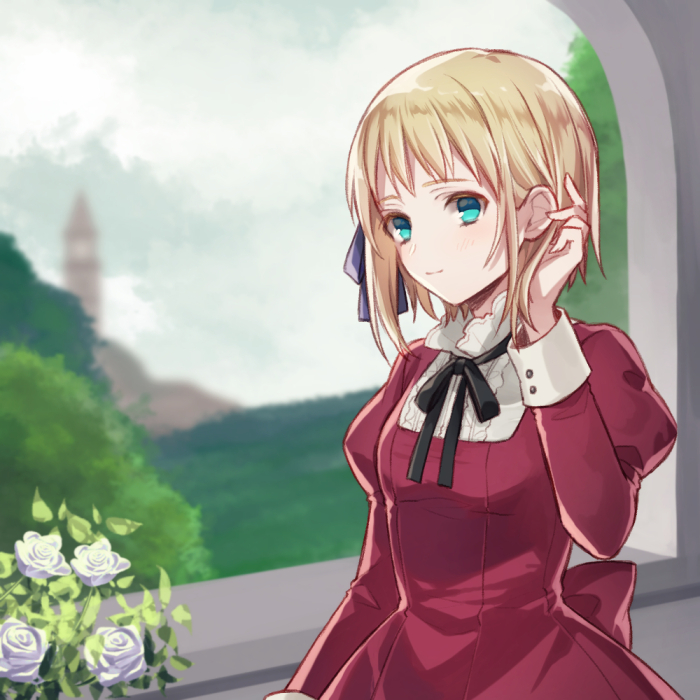 1girl aqua_eyes arm_at_side axis_powers_hetalia blue_bow blue_eyes bow breasts brown_hair closed_mouth day dress flower from_side hair_bow hair_tucking hand_up juliet_sleeves liechtenstein_(hetalia) long_sleeves looking_at_viewer puffy_sleeves red_dress rose shio_konbu_(syoko128) short_hair small_breasts smile solo tower upper_body white_flower white_rose
