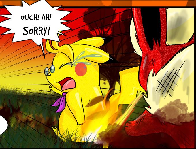 ambiguous_gender bandanna bodily_fluids breath_powers burning butt_on_fire detailed_background dialogue duo eeveelution elemental_manipulation english_text eyewear fifybear fire fire_breathing fire_manipulation flareon generation_1_pokemon glasses grass hand_on_butt kerchief nintendo open_mouth pain pikachu plant pokemon pokemon_(species) smoke speech_bubble tail tears text tree