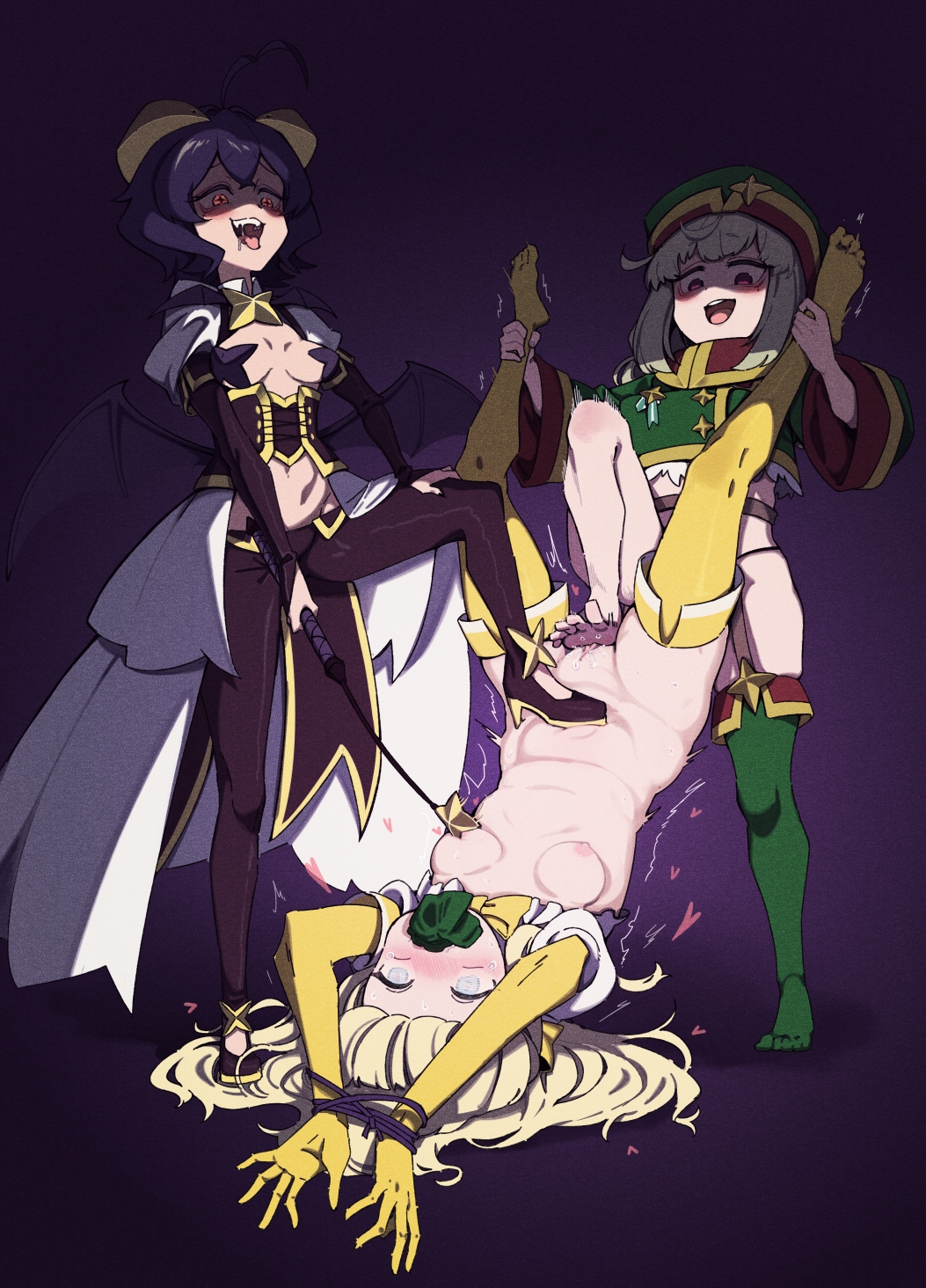 3girls araga_kiwi barefoot bat_wings bdsm black_hair blonde_hair blue_eyes blush bondage bound bound_wrists breasts corset drooling evil_smile fangs feet female_footjob femdom fff_threesome gag gagged glowing glowing_eyes group_sex hat heart high_heels highres hiiragi_utena horns improvised_gag leopard_(mahou_shoujo_ni_akogarete) long_hair magia_baiser magia_sulphur magical_girl mahou_shoujo_ni_akogarete military_hat military_uniform multiple_girls navel open_mouth pasties purple_background pussy rape riding_crop saliva shaded_face shoes simple_background small_breasts smile soles star-shaped_pupils star_(symbol) star_pasties stepped_on symbol-shaped_pupils teeth tenkawa_kaoruko thighhighs threesome toes uniform upper_teeth_only user_reyu3237 wings yuri