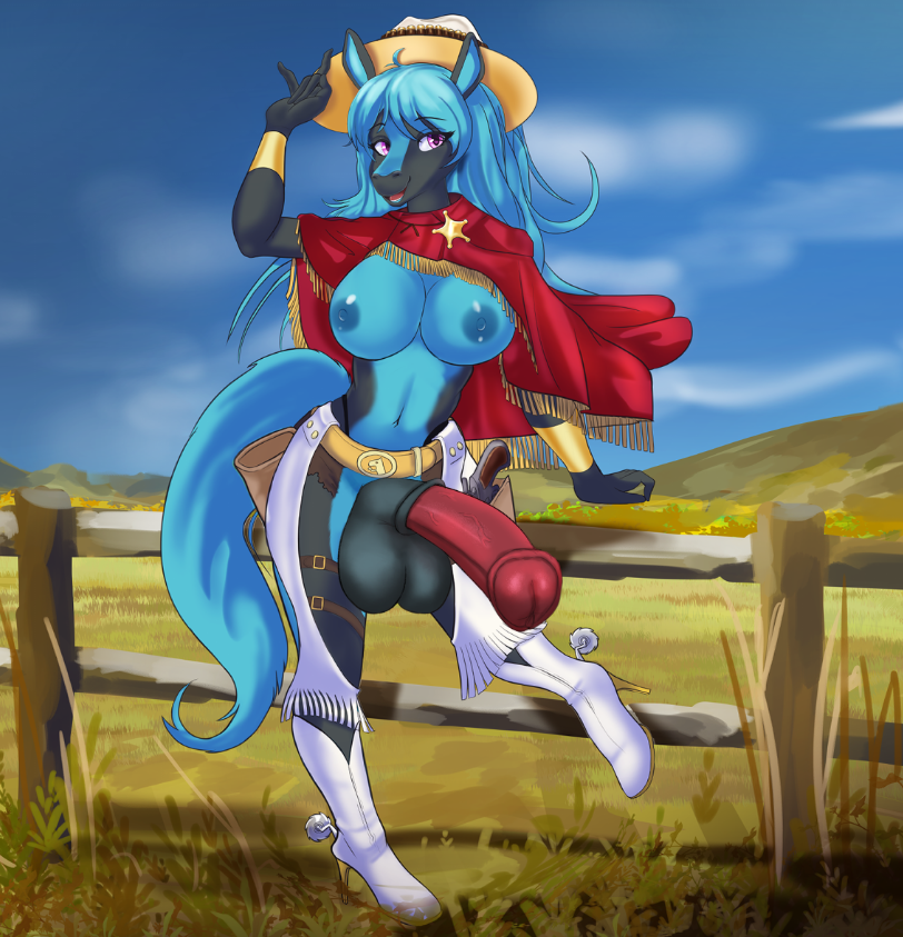 akeno_(itsnafulol) animal_genitalia animal_penis anthro balls belt big_breasts big_penis black_body black_fur blue_body blue_fur blue_hair blue_nipples boots bottomwear breasts buckle clothing cowboy_boots cowboy_hat cuffs_(clothing) curvy_figure cutoffs damn_lasso_tool denim denim_bottomwear denim_clothing equid equine equine_genitalia equine_penis exposed_breasts female fence footwear fur genitals gun gynomorph hair handgun hat headgear headwear high_heeled_boots high_heels holster horse huge_penis intersex mammal mountain nipples one_leg_up penis pink_eyes poncho raised_leg ranch ranged_weapon revolver shorts smile solo star tail thick_thighs third-party_edit weapon wide_hips