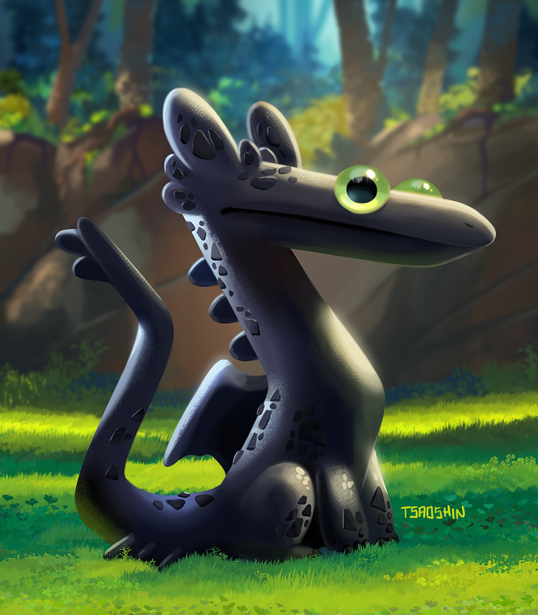 2024 ambiguous_gender black_body black_scales black_tail black_wings dragon dreamworks feral forest full-length_portrait grass green_eyes hi_res how_to_train_your_dragon monotone_body monotone_scales plant portrait quadruped scales scalie signature solo tail toothless tree tsaoshin wings