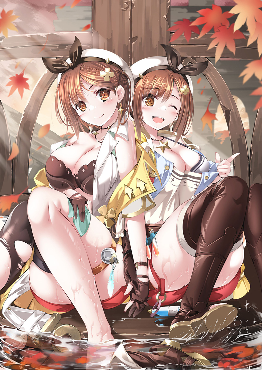 2girls ;d age_comparison atelier_(series) atelier_ryza atelier_ryza_1 atelier_ryza_2 barefoot beret boots bow bra braid breasts brown_bra brown_eyes brown_footwear brown_gloves brown_hair cleavage clover_hair_ornament commentary_request drop_earrings earrings ehecatlflugel falling_leaves gloves hair_behind_ear hair_ornament hairclip hat hat_bow highres holding_hands jewelry knees_up large_breasts leaf looking_at_viewer maple_leaf multiple_girls necklace one_eye_closed open_clothes open_shirt outdoors partially_fingerless_gloves partially_submerged red_shorts reisalin_stout shirt short_shorts shorts sidelocks single_braid single_earring single_thighhigh sitting sleeveless sleeveless_shirt smile star_(symbol) star_earrings star_necklace thigh_boots thighhighs thighhighs_under_boots thighs time_paradox toeless_footwear torn_clothes torn_thighhighs underwear unworn_boots vial wet white_bra white_headwear white_shirt white_thighhighs