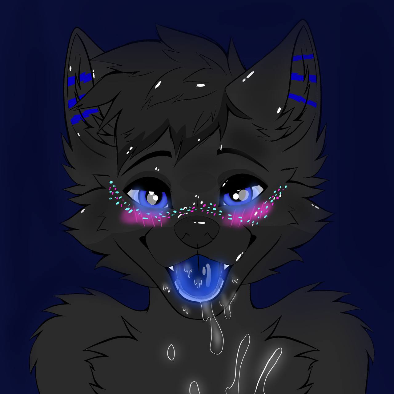 ambiguous_fluids black_body blue_eyes blue_markings blue_tongue blush canid canine ecofrost hi_res male mammal markings solo tongue