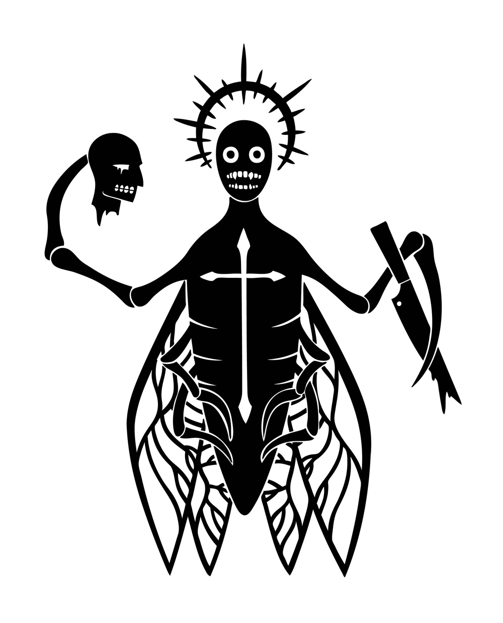 2015 4_wings 6_legs alternate_form arthropod arthropod_abdomen aureola bald black_and_white blood blood_on_knife blood_on_weapon bodily_fluids cicada cross decapitation digital_drawing_(artwork) digital_media_(artwork) fangs feral hi_res holding_knife holding_object holding_severed_head human_faced_feral humanoid_face insect insect_legs insect_wings knife looking_at_viewer male monochrome multi_wing scp-2852 scp_foundation severed_head silhouette simple_background solo spiked_aureola sunnyclockwork teeth weapon white_background wings