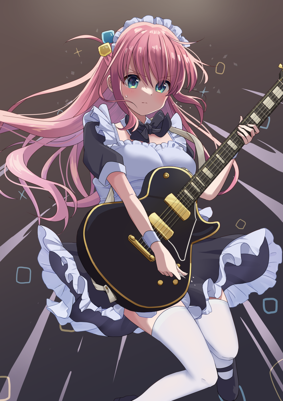 1girl apron aqua_eyes black_footwear black_skirt blush bocchi_the_rock! breasts brown_background closed_mouth commentary cube_hair_ornament floating_clothes floating_hair frilled_apron frilled_skirt frills gotoh_hitori gradient_background grey_background guitar hair_between_eyes hair_ornament hand_up highres holding holding_instrument holding_plectrum instrument kisara_keyy large_breasts long_hair looking_down maid_apron maid_headdress mary_janes music one_side_up pink_hair playing_instrument plectrum puffy_short_sleeves puffy_sleeves serious shoes short_sleeves simple_background skirt solo sparkle split_mouth sweatdrop thighhighs v-shaped_eyebrows white_apron white_thighhighs white_wrist_cuffs wrist_cuffs