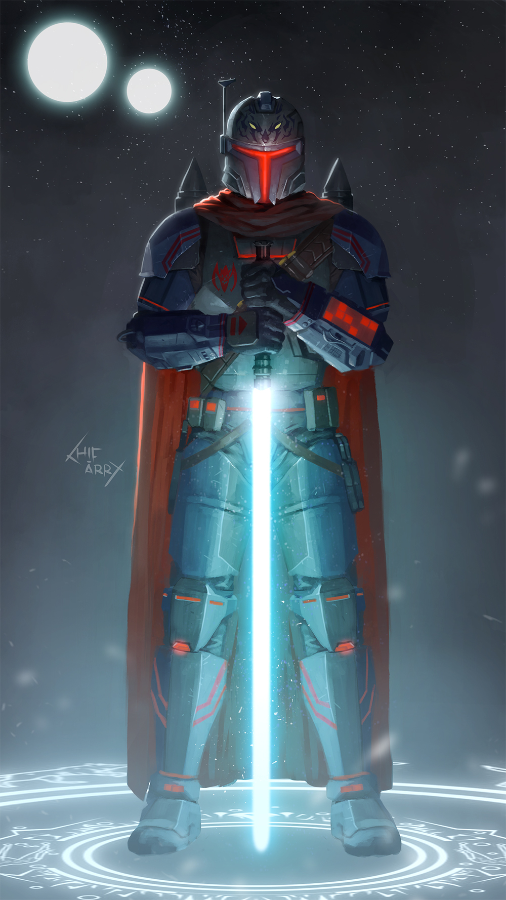 1boy armor artist_name blue_lightsaber cape commission energy_sword full_body hifarry highres holding_lightsaber lightsaber looking_at_viewer mandalorian mandalorian_armor mandalorian_helmet orange_cape original signature solo standing star_wars sword weapon