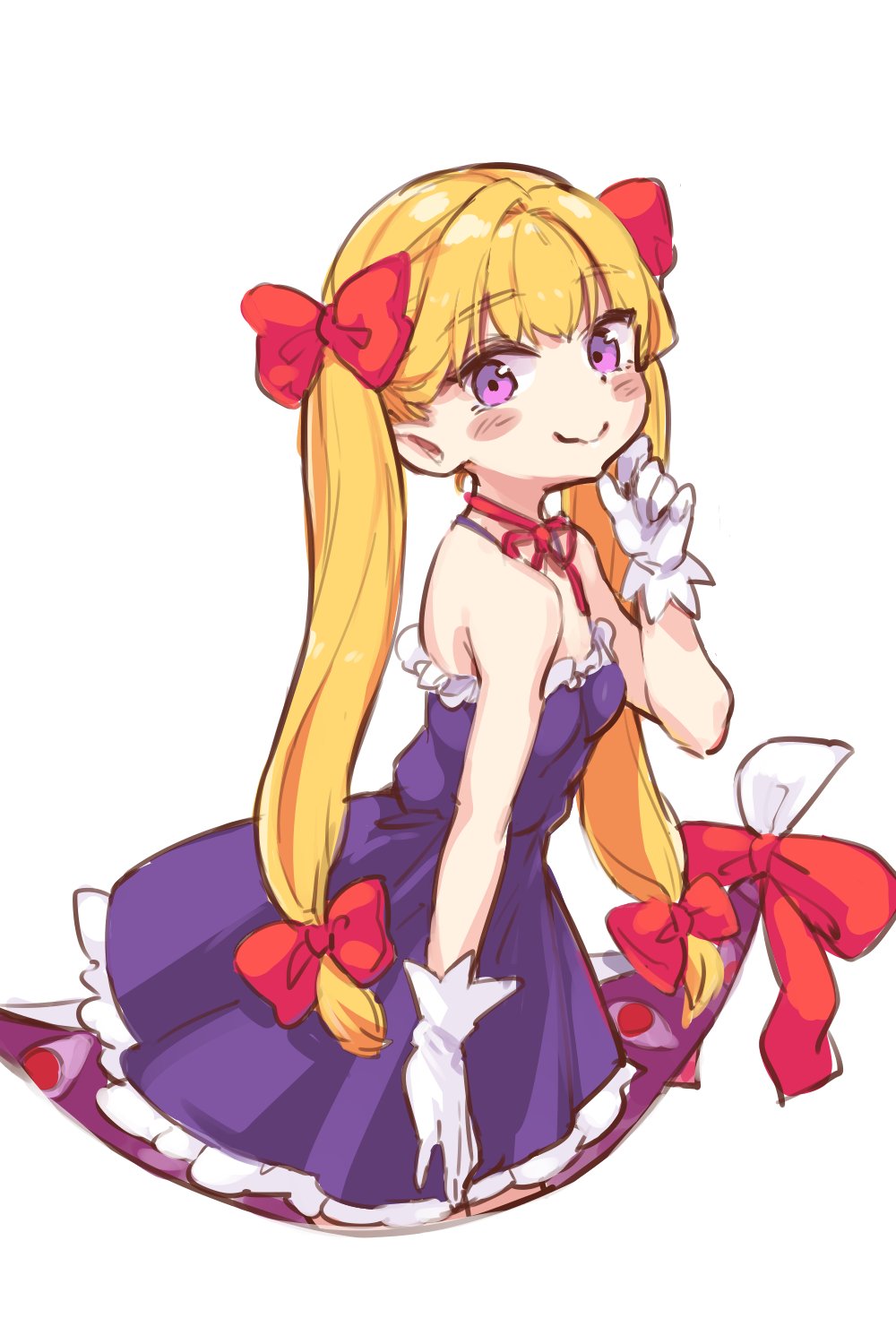 bare_arms bare_shoulders blonde_hair bow bowtie breasts dress frills gap_(touhou) gloves hand_on_own_cheek hand_on_own_face highres itatatata leaning_forward looking_at_viewer purple_dress purple_eyes red_bow red_bowtie simple_background small_breasts smile thigh_gap twintails twintails_day white_gloves