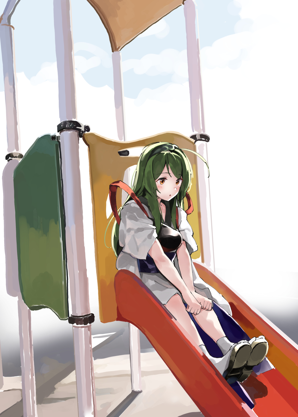 1girl :o black_footwear blue_sky brown_eyes cloud cloudy_sky commentary_request day green_hair green_hairband hairband highres japanese_clothes kimono lamb_(hitsujiniku) long_hair muneate outdoors parted_lips sandals shoe_soles sitting sky slide socks solo touhoku_zunko very_long_hair voiceroid white_kimono white_socks zouri