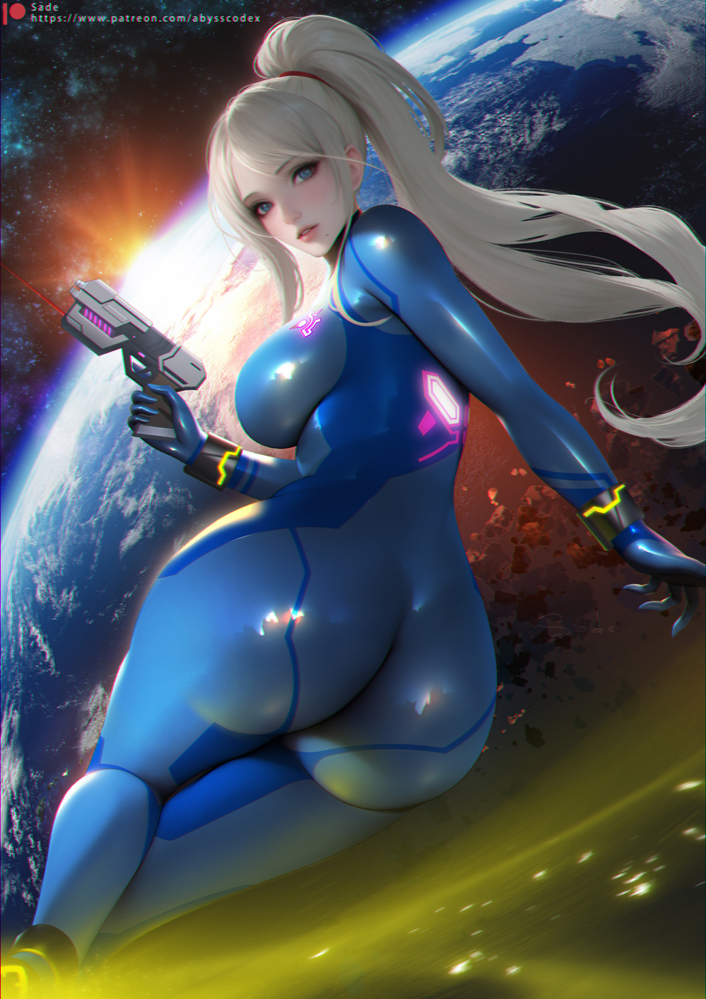 1girl ass blonde_hair blue_bodysuit blue_eyes bodysuit breasts commentary_request earth_(planet) from_behind high_ponytail highres holding holding_weapon impossible_bodysuit impossible_clothes lips long_hair looking_at_viewer metroid mole mole_under_mouth paralyzer parted_lips planet ponytail sade_abyss samus_aran shiny_clothes skin_tight space star_(sky) trigger_discipline weapon zero_suit