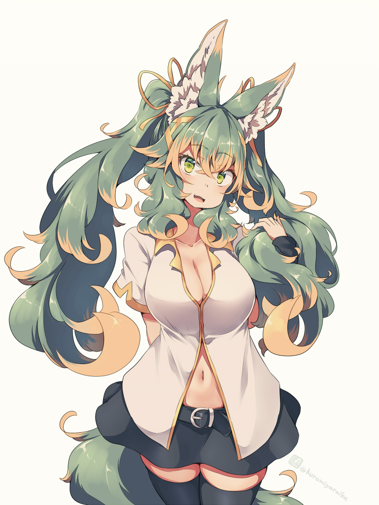 1girl animal_ear_fluff animal_ears black_thighhighs breasts cleavage commentary_request green_eyes green_hair kuromiya kuromiya_raika large_breasts long_hair looking_at_viewer multicolored_hair open_mouth orange_hair original simple_background solo thighhighs two-tone_hair white_background zettai_ryouiki