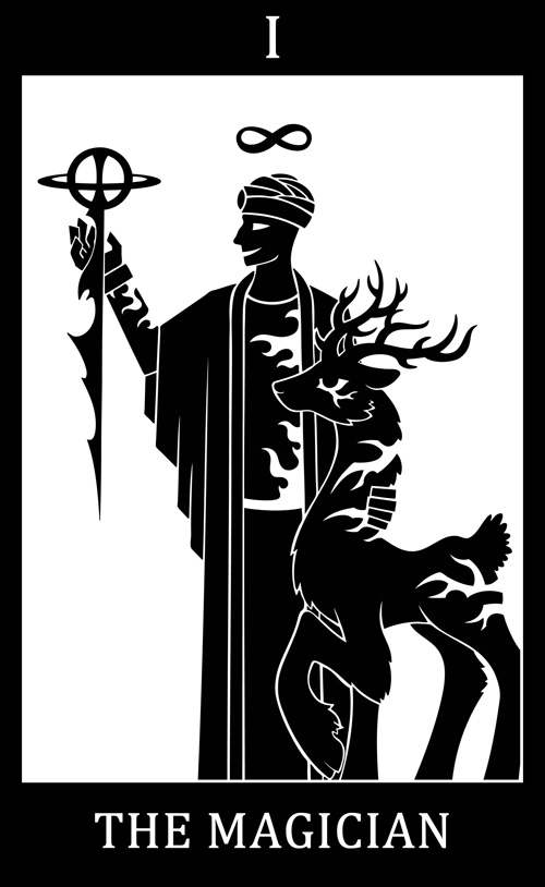 2015 black_and_white black_border border card digital_drawing_(artwork) digital_media_(artwork) english_text major_arcana monochrome roman_numeral saturn_deer scp_foundation silhouette simple_background sunnyclockwork tarot_card text the_magician_(tarot) white_background white_text