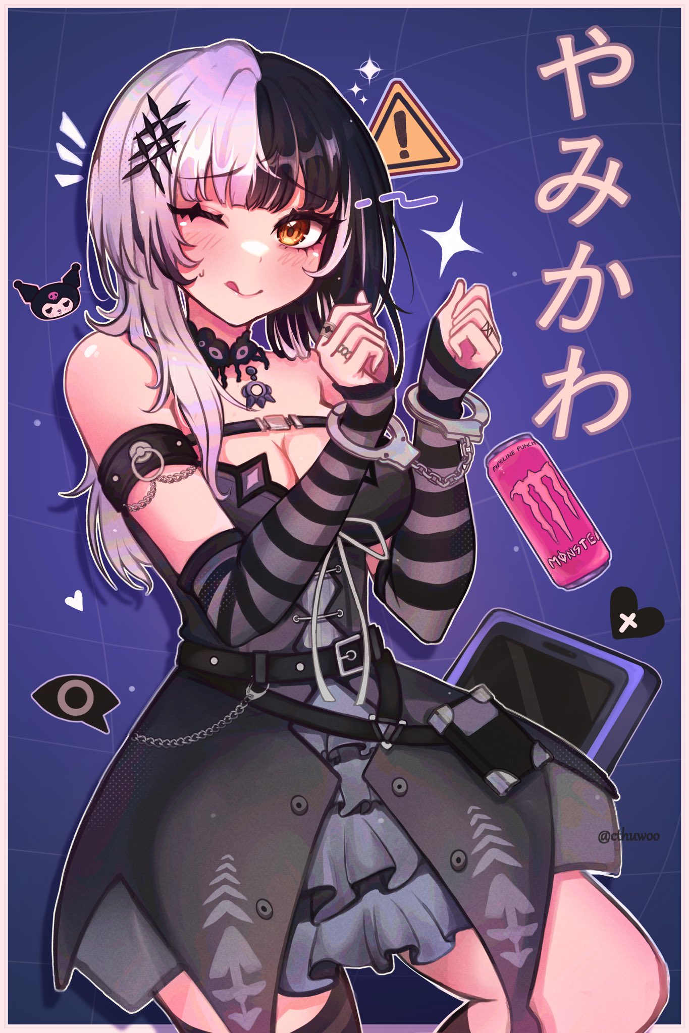 1girl arm_warmers black_dress black_hair blue_background breasts can cleavage cthuwoo cuffed cuffs dress drink_can handcuffs highres hololive hololive_english jewelry monster_energy multicolored_hair one_eye_closed orange_eyes ring shiori_novella shiori_novella_(1st_costume) sign split-color_hair tablet_pc twitter_username virtual_youtuber warning_sign white_hair