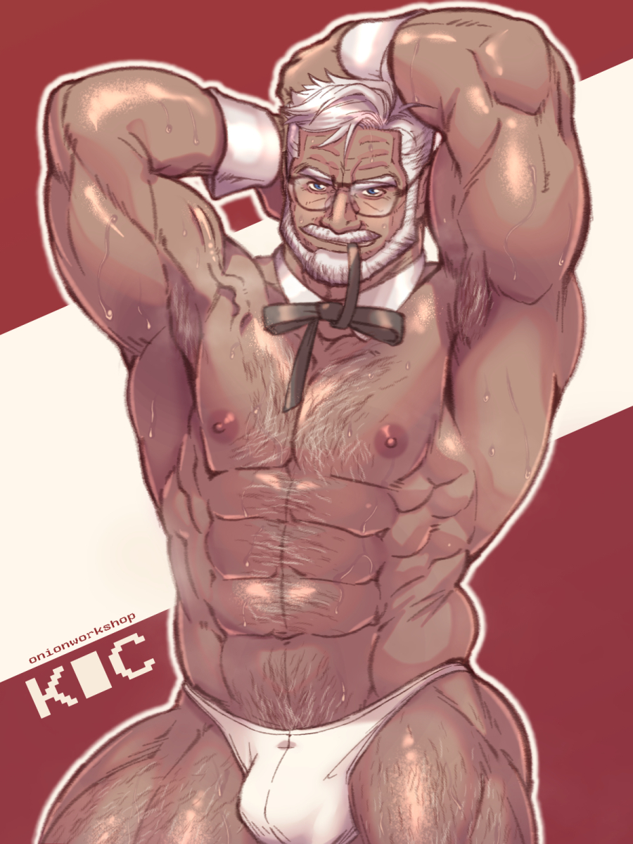 1boy abs arm_hair armpits arms_up bara beard bowtie_in_mouth briefs bulge chest_hair colonel_sanders cowboy_shot dark-skinned_male dark_skin facial_hair full_beard hairy highres kfc large_pectorals leg_hair male_focus male_underwear mature_male muscular muscular_male mustache navel navel_hair nipples old old_man onionworkshop paid_reward_available pectorals seductive_smile short_hair smile solo stomach thick_mustache thick_thighs thighs topless_male underwear veiny_pectorals white_male_underwear wrinkled_skin