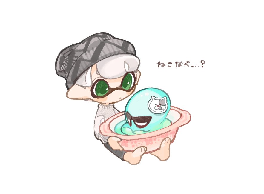 1boy barefoot beanie closed_mouth green_eyes grey_headwear hat inkling_boy inkling_player_character octopus pointy_ears short_hair simple_background sitting spl8ya splatoon_(series) tentacle_hair translation_request white_background white_hair