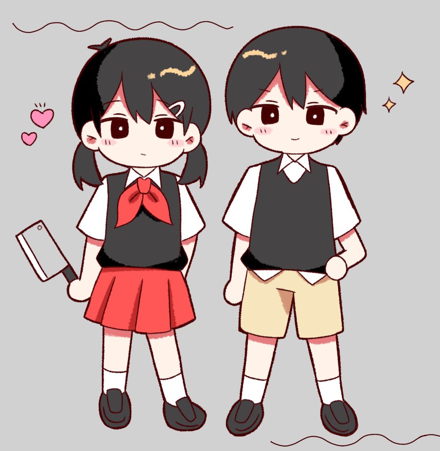 1boy 1girl arm_behind_back black_footwear black_hair black_vest blush_stickers brown_eyes chibi cleaver closed_mouth collared_shirt expressionless genderswap genderswap_(mtf) grey_background hair_between_eyes hand_on_own_hip heart holding_cleaver hoshidashiki looking_at_viewer mob_face neckerchief omori pleated_skirt red_neckerchief red_skirt shirt short_hair short_twintails shorts simple_background skirt smile socks sparkle sunny_(omori) twintails vest white_shirt white_socks yellow_shorts