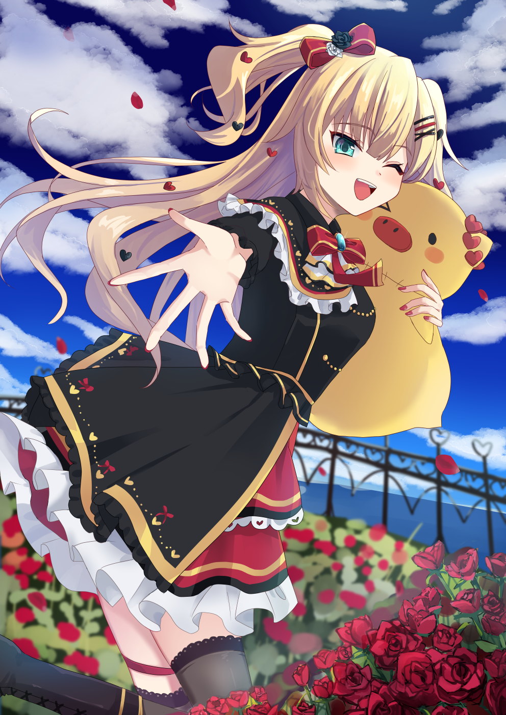 1girl ;d akai_haato aqua_eyes black_dress black_flower black_thighhighs blonde_hair blunt_bangs blurry blurry_background blush bow bowtie commentary_request day dress feet_out_of_frame floating_hair flower frilled_dress frilled_skirt frills garden hair_bow hair_flower hair_ornament hairclip happy heart highres holding holding_stuffed_toy hololive kisara_keyy long_hair looking_at_viewer one_eye_closed open_mouth outdoors outstretched_hand reaching reaching_towards_viewer red_bow red_bowtie red_flower red_rose red_skirt rose skirt smile solo standing standing_on_one_leg stuffed_toy teeth thigh_strap thighhighs tsurime two_side_up upper_teeth_only virtual_youtuber white_flower x_hair_ornament