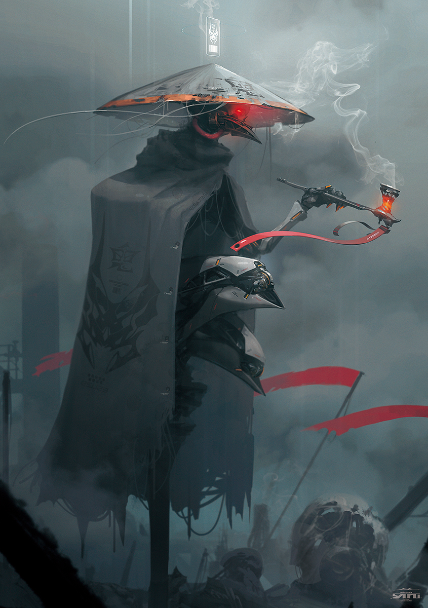 ajirogasa cloud cloudy_sky commentary esuthio flag glowing glowing_eye grey_cloak hat highres holding holding_smoking_pipe looking_ahead mecha_focus no_humans original red_eyes robot ruins scarecrow skull sky smoke smoking_pipe solo symbol-only_commentary watermark