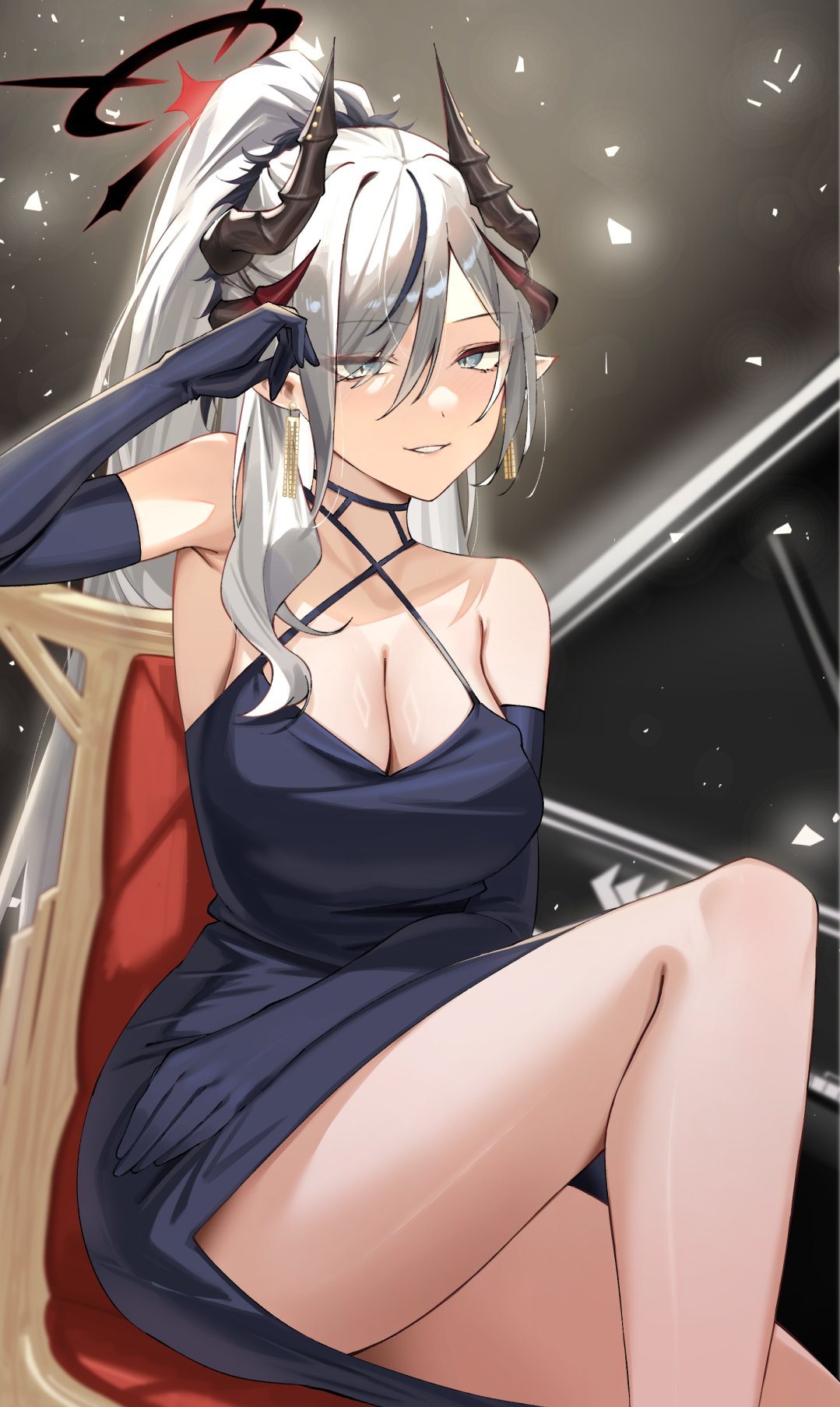 1girl bare_shoulders black_dress black_gloves blue_archive blue_eyes blush breasts cleavage criss-cross_halter dress earrings elbow_gloves eyeliner gloves grey_hair grin halo halterneck highres horns jewelry kakumayu large_breasts long_hair looking_at_viewer makeup makoto_(blue_archive) makoto_(dress)_(blue_archive) ponytail smile solo swept_bangs