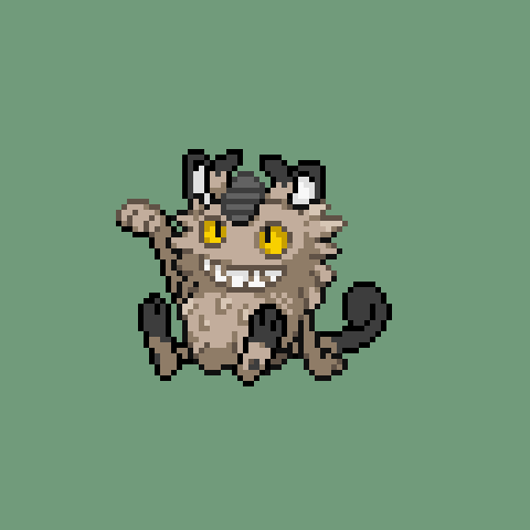 cat cat_focus commentary_request creature full_body galarian_form galarian_meowth gen_8_pokemon grin jon_(zyagapi) lowres no_humans pixel_art pokemon pokemon_(creature) sitting smile solo sprite yellow_eyes