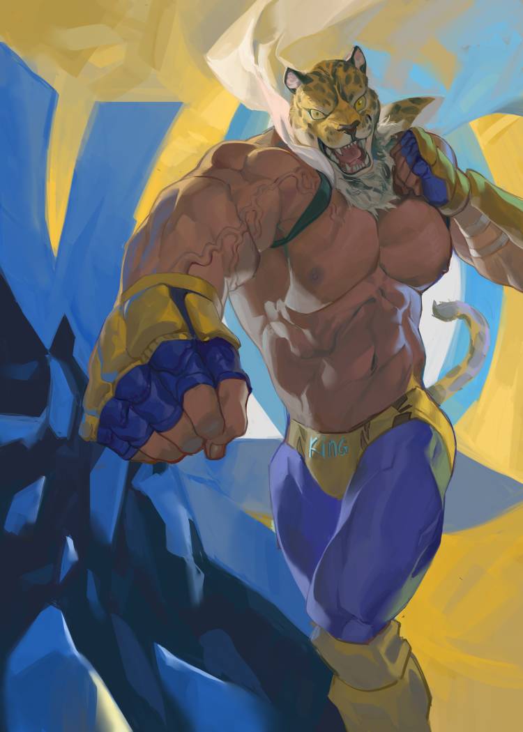 1boy abs animal_ears bara box77814966 bulge cape clothes_writing feet_out_of_frame fingerless_gloves foreshortening gloves incoming_attack incoming_punch jaguar_boy jaguar_ears jaguar_tail king_(tekken) large_pectorals male_focus muscular muscular_male navel nipples pectorals punching solo stomach strongman_waist tail tekken tekken_8 thick_thighs thighs topless_male veins veiny_arms white_cape wrestling_outfit