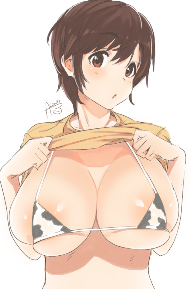 1girl animal_print areola_slip bikini blush breasts brown_eyes brown_hair chestnut_mouth cleavage clothes_lift collarbone cow_print cow_print_bikini hands_up idolmaster idolmaster_cinderella_girls idolmaster_cinderella_girls_starlight_stage large_breasts looking_at_viewer micro_bikini oikawa_shizuku print_bikini rkrk shirt short_hair short_sleeves signature simple_background solo swimsuit upper_body white_background yellow_shirt