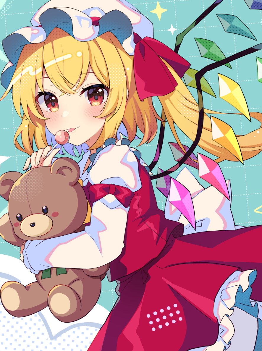 1girl ascot bat_wings blonde_hair blue_background crystal flandre_scarlet hat hat_ribbon laevatein_(touhou) mob_cap multicolored_wings one_side_up puffy_short_sleeves puffy_sleeves red_eyes red_skirt red_vest ribbon ruhika short_sleeves side_ponytail skirt skirt_set solo stuffed_animal stuffed_toy teddy_bear touhou vest white_headwear wings yellow_ascot