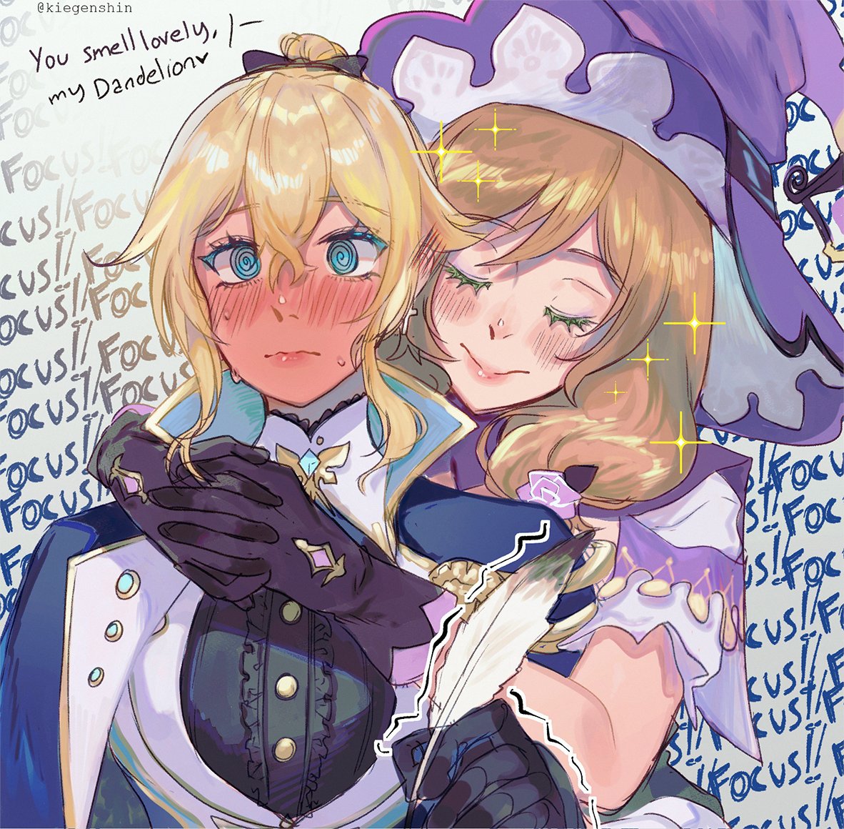 2girls @_@ arm_around_neck arm_around_shoulder behind_another blonde_hair blush brown_hair buttons capelet center_frills closed_eyes closed_mouth crossed_bangs english_text eyelashes feathers frills full-face_blush genshin_impact gloves hair_between_eyes hat holding holding_feather hug hug_from_behind jean_(genshin_impact) kiegenshin light_brown_hair lisa_(genshin_impact) long_hair multiple_girls nervous nervous_sweating own_hands_together purple_headwear smile sparkle sweat trembling twitter_username witch_hat yuri