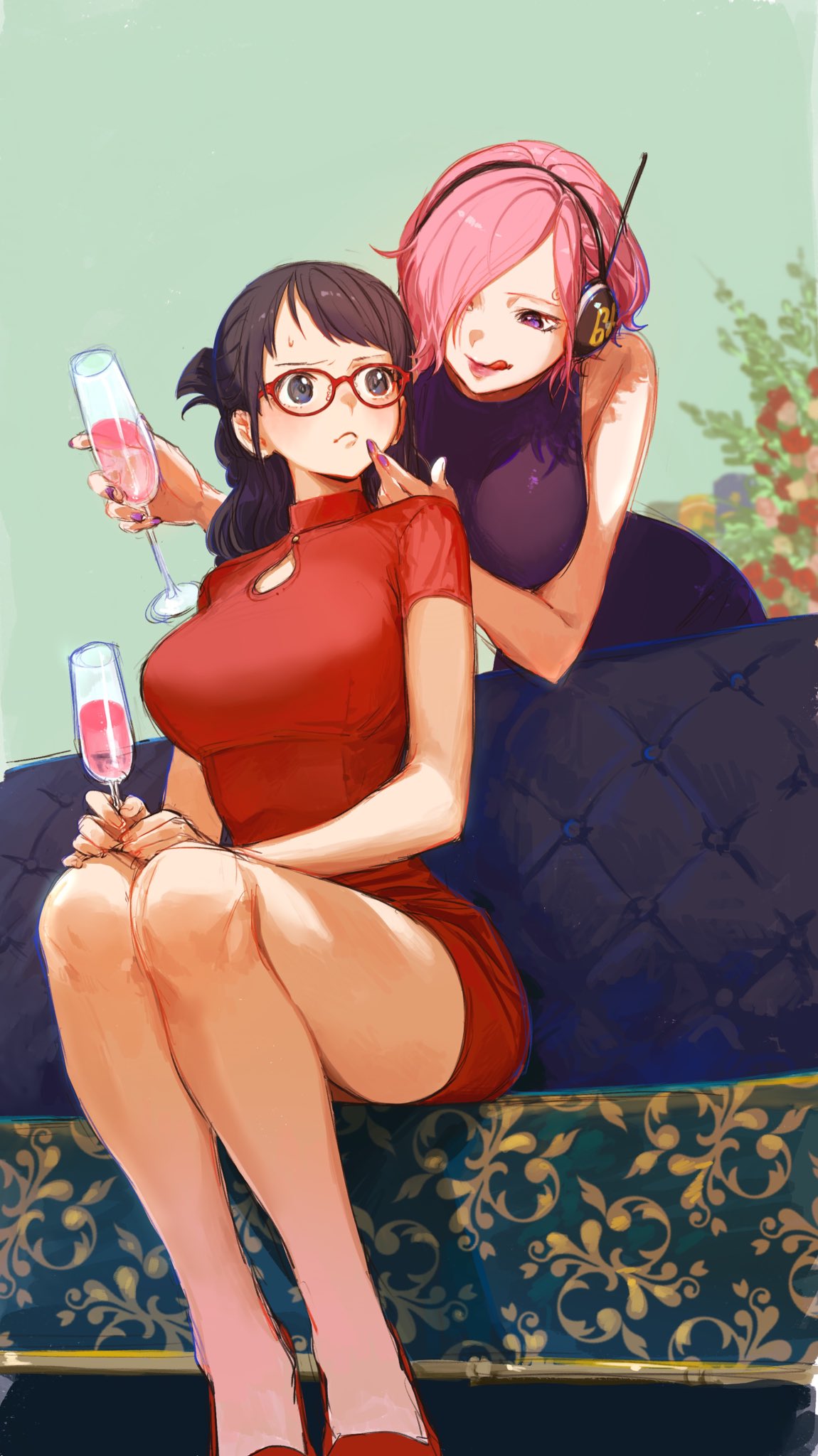 2girls black_hair blush champagne_flute couch cup dress drinking_glass finger_to_another's_mouth frown glasses headphones highres licking_lips looking_at_another multiple_girls one_piece pink_hair sitting tashigi tongue tongue_out urasanmyaku vinsmoke_reiju yuri
