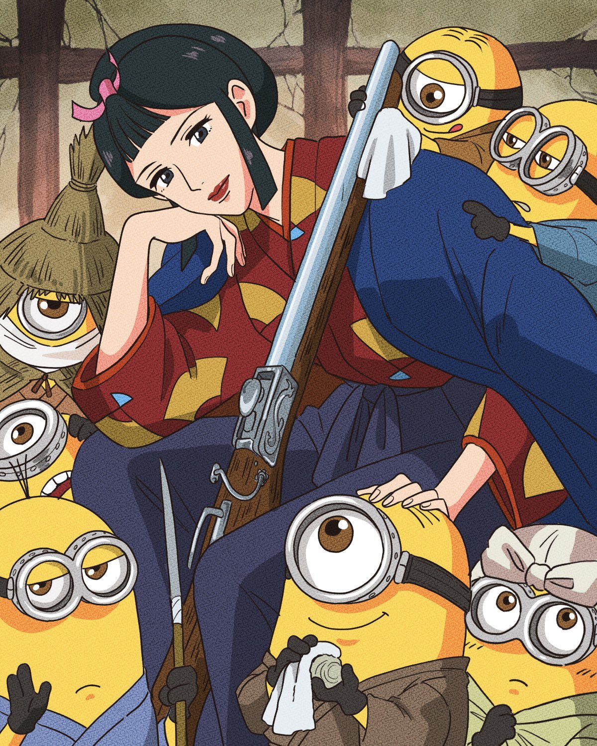 1girl 6+boys black_eyes black_gloves black_hair blue_coat brown_eyes coat crossover cyclops eboshi gloves goggles gun hakama head_rest head_tilt headpat highres holding holding_handkerchief holding_polearm holding_weapon japanese_clothes kimono looking_at_viewer minion_(despicable_me) minions_(movie) mononoke_hime multiple_boys one-eyed pink_ribbon pointing polearm print_kimono red_kimono red_lips ribbon rikaco1988 short_hair sidelocks sitting smile spear studio_ghibli tongue tongue_out weapon