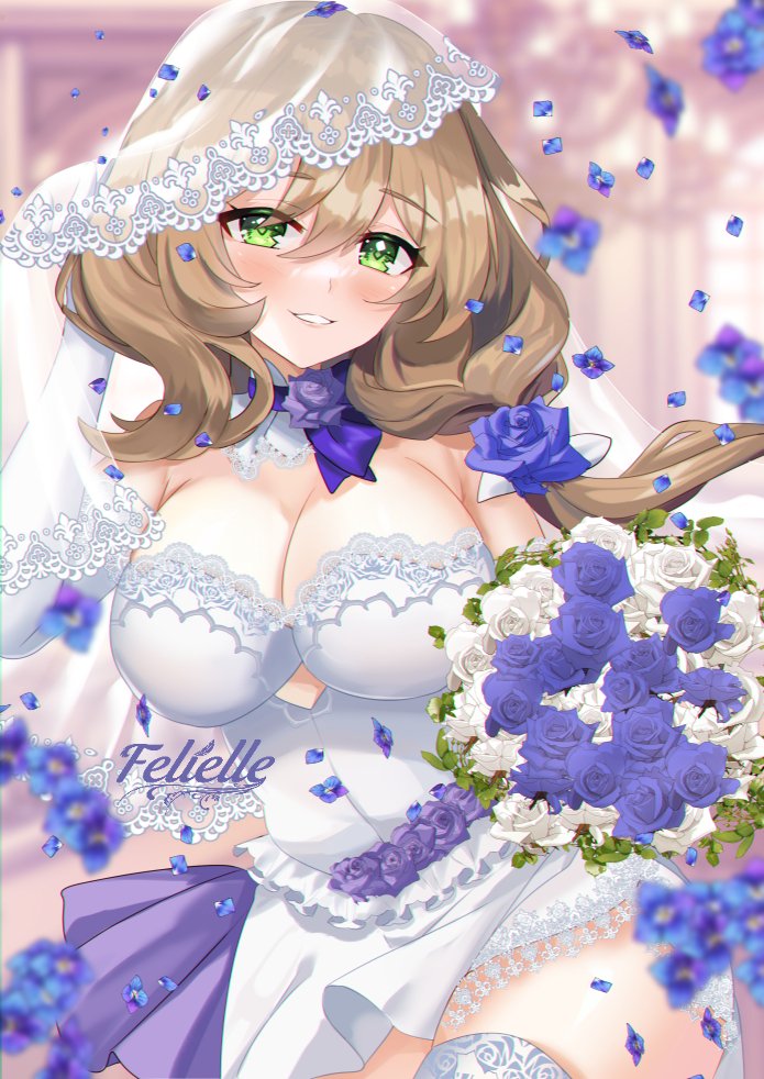1girl alternate_costume artist_name bare_shoulders blurry blurry_background bouquet breasts bridal_veil bride brown_hair cleavage detached_collar dress elbow_gloves falling_flower falling_petals felielle floating_hair flower frilled_dress frills genshin_impact gloves green_eyes hair_between_eyes hair_flower hair_ornament hair_over_shoulder hand_on_own_head holding holding_bouquet large_breasts light_blush lisa_(genshin_impact) long_hair looking_at_viewer open_mouth petals purple_flower purple_rose rose sidelocks smile teeth thighhighs veil white_flower white_gloves white_rose white_thighhighs