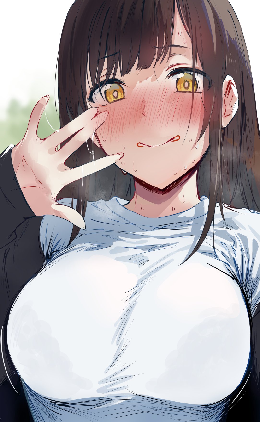 1girl biting_own_lip black_hair black_jacket blurry blurry_background blush bra breasts brown_hair commentary english_commentary half-closed_eyes hand_up heavy_breathing hews highres jacket lace-trimmed_bra lace_trim large_breasts long_hair long_sleeves looking_at_viewer open_clothes open_jacket original outdoors shirt sidelocks sleeves_past_wrists smile solo sweat underwear upper_body waving white_shirt yellow_eyes