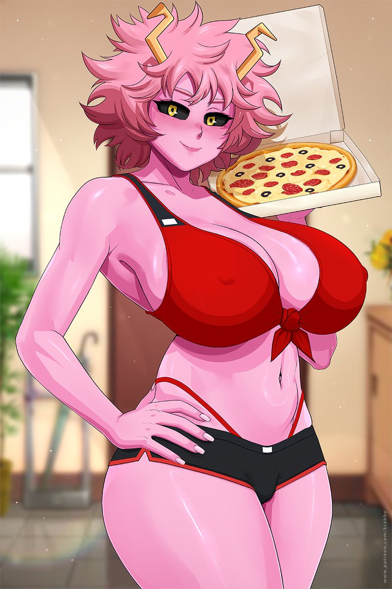 1girl 2024 ashido_mina black_sclera blush boku_no_hero_academia breasts cleavage colored_sclera colored_skin covered_nipples curly_hair food front-tie_top hand_on_own_hip highleg highleg_panties highres holding holding_food holding_pizza horns huge_breasts krabbytheartist large_breasts light_smile looking_at_viewer micro_shorts midriff navel panties pink_hair pink_skin pizza pizza_box pizza_delivery red_panties short_hair shorts smile solo standing thighs thong underwear yellow_eyes