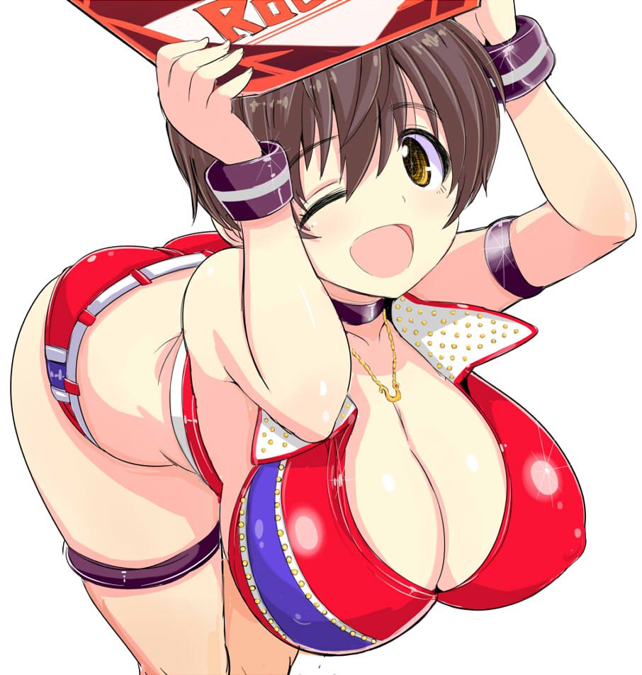 1girl armlet arms_up belt black_bracelet black_choker blush breasts brown_eyes brown_hair choker cowboy_shot crop_top cropped_shirt dot_nose glint idolmaster idolmaster_cinderella_girls idolmaster_cinderella_girls_starlight_stage jewelry kitsune_choukan large_breasts leaning_forward looking_at_viewer necklace oikawa_shizuku one_eye_closed open_mouth red_shorts round_girl short_hair shorts simple_background smile solo standing thigh_strap two-tone_shirt white_background white_belt