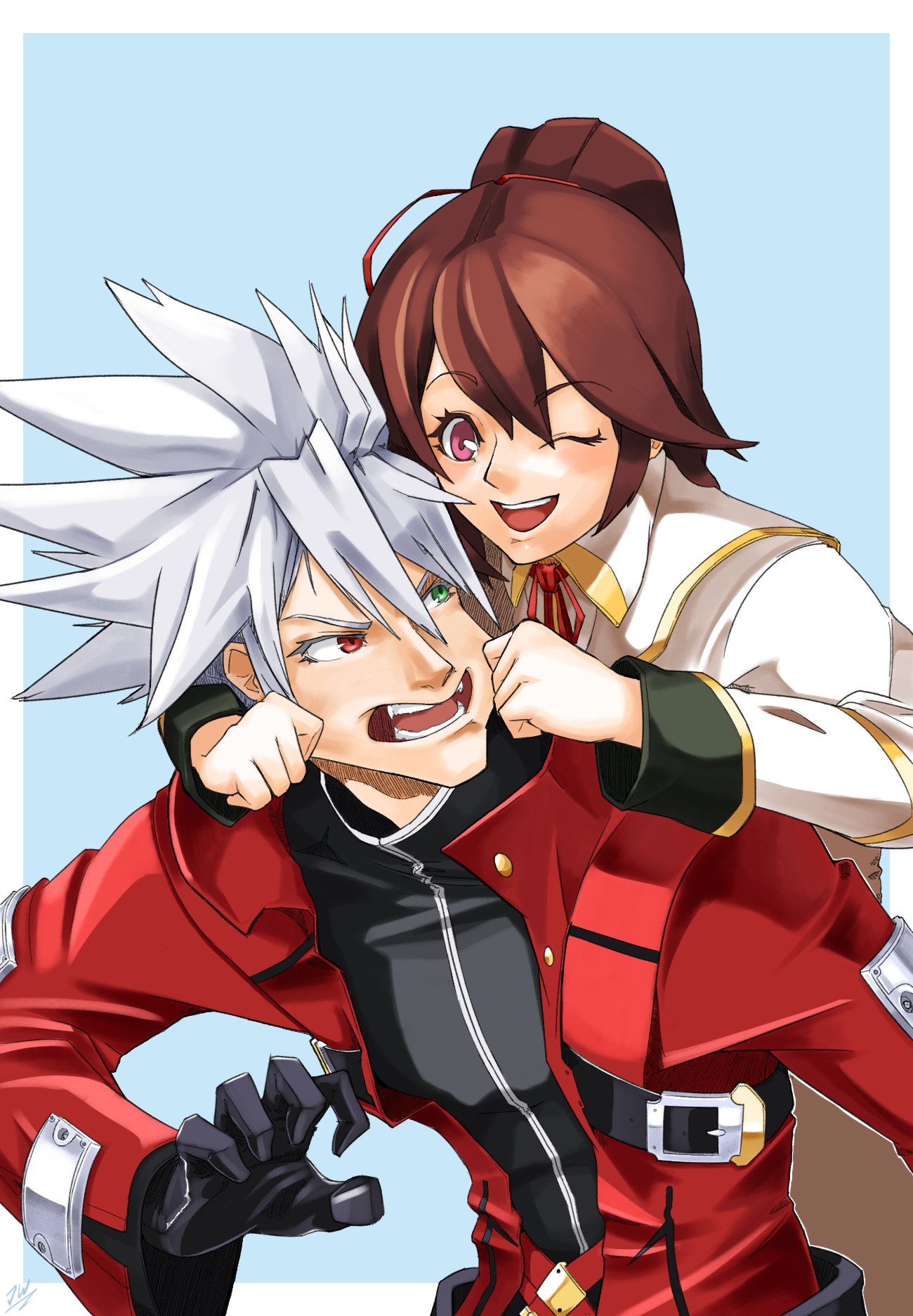 1boy 1girl blazblue brown_hair celica_a_mercury cheek_pinching from_behind frown gloves green_eyes hair_ornament hair_ribbon happy heterochromia highres jacket lord_jaywalk one_eye_closed pinching ponytail ragna_the_bloodedge red_eyes red_jacket ribbon simple_background smile teeth white_hair