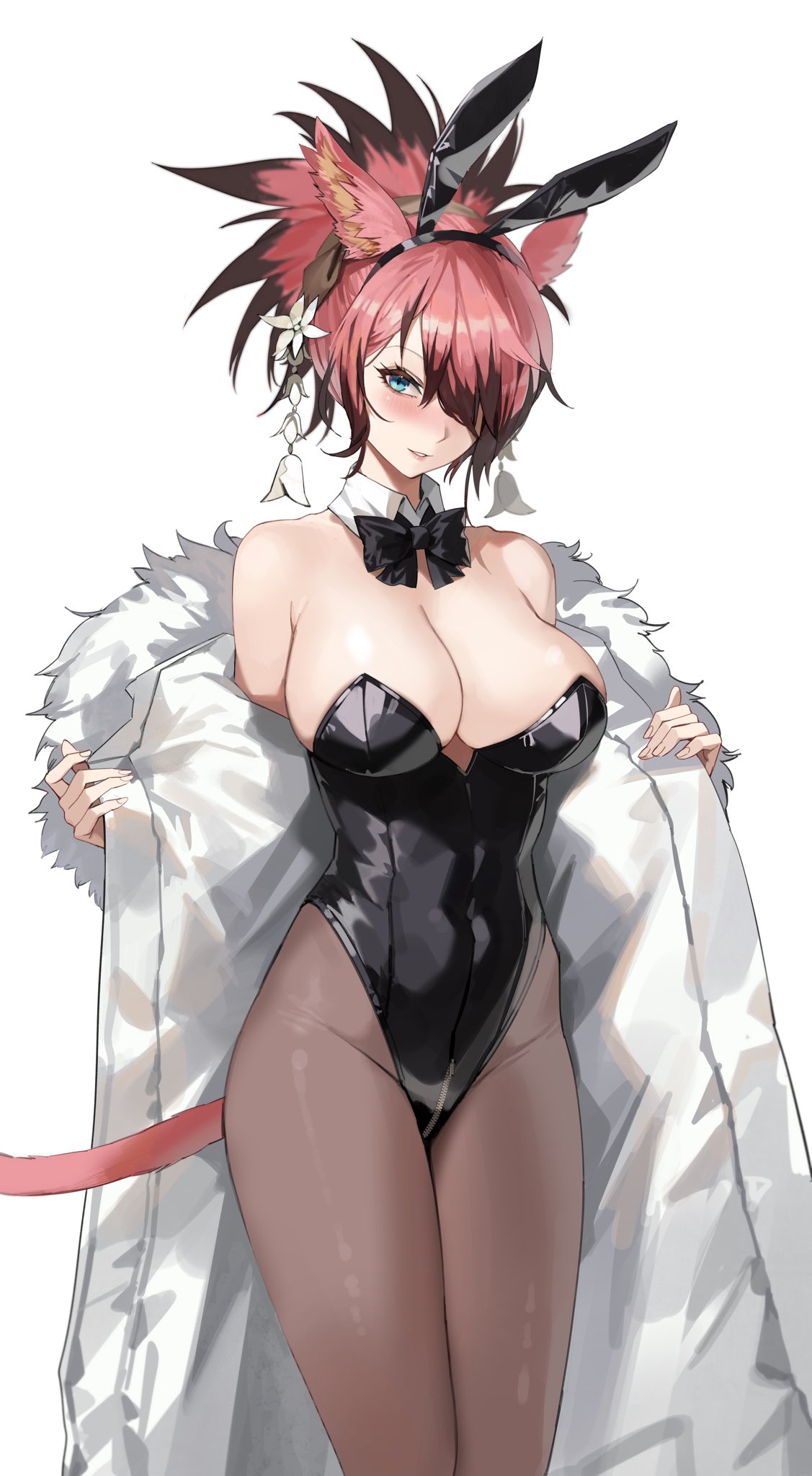 1girl animal_ear_fluff animal_ears bare_shoulders black_bow black_bowtie black_leotard blue_eyes blush bow bowtie breasts brown_hair cat_ears cat_girl cat_tail coat colored_tips commentary commission covered_navel cowboy_shot crotch_zipper detached_collar fake_animal_ears final_fantasy final_fantasy_xiv flower fur-trimmed_coat fur_trim hair_flower hair_ornament hair_over_one_eye highres large_breasts leotard looking_at_viewer maenoo miqo'te multicolored_hair one_eye_covered open_clothes open_coat pantyhose parted_lips pink_hair playboy_bunny rabbit_ears simple_background solo standing tail teeth two-tone_hair undressing warrior_of_light_(ff14) white_background white_coat zephyr_winds zipper