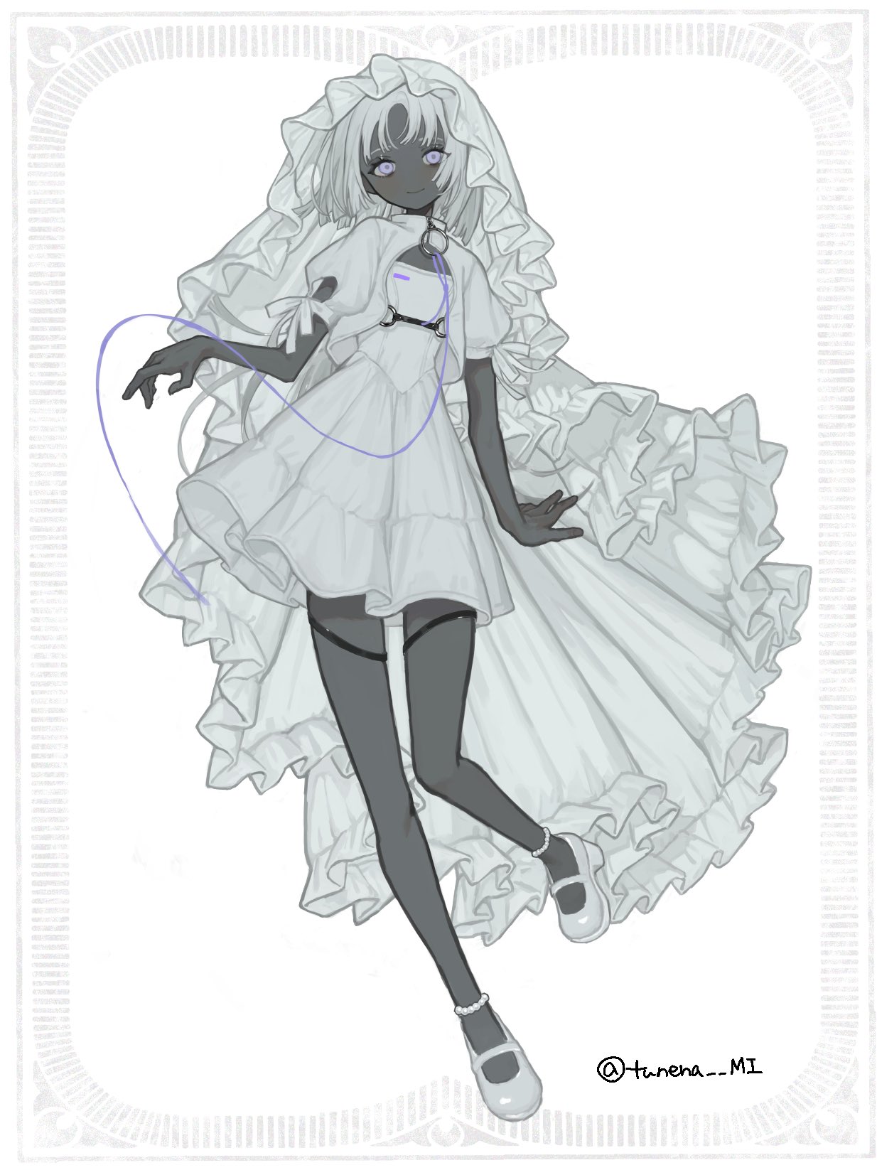 1girl bead_anklet bridal_veil closed_mouth dark-skinned_female dark_skin frilled_veil full_body highres limited_palette looking_at_viewer mary_janes monochrome original parted_bangs purple_eyes shoes short_sleeves solo spot_color string tunena_mi twitter_username veil white_footwear white_hair white_veil