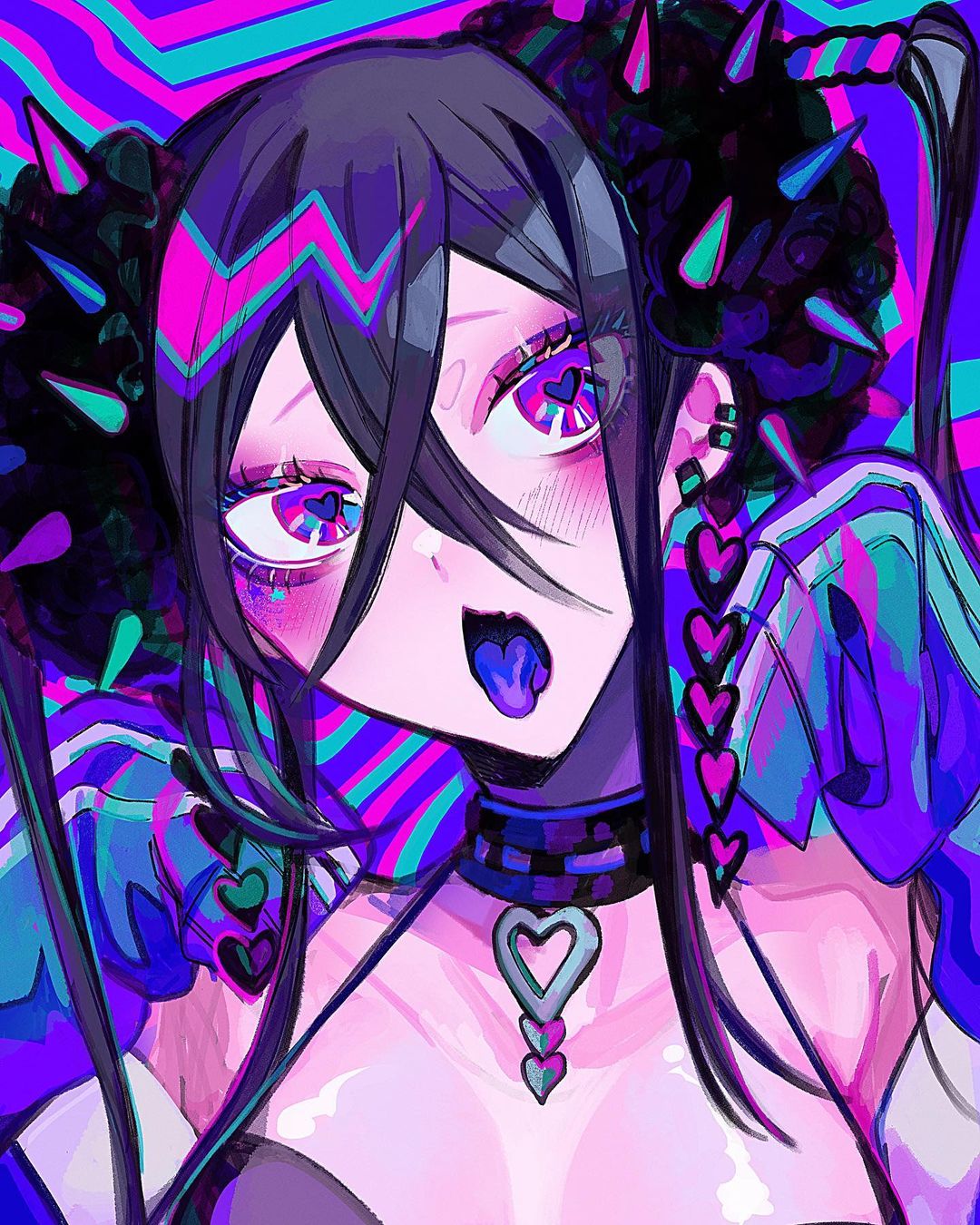 1girl aqua_background bare_shoulders black_choker black_hair black_scrunchie blush choker collarbone colored_tongue crossed_bangs ear_piercing eyeshadow hair_ornament hair_scrunchie heart heart-shaped_pupils highres himanemuitoma jacket jacket_partially_removed long_hair long_sleeves looking_at_viewer makeup open_mouth original piercing pink_background pink_eyeshadow purple_background purple_eyes purple_eyeshadow purple_jacket purple_tongue scrunchie sleeves_past_fingers sleeves_past_wrists solo spikes symbol-shaped_pupils tongue tongue_out twintails upper_body white_trim