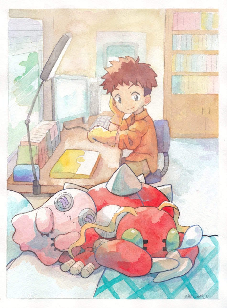 1boy black_eyes brown_hair bug chair chibicheu computer digimon digimon_(creature) digimon_adventure gloves hand_on_own_face highres izumi_koshiro laptop long_sleeves mochimon monitor nose_bubble orange_shirt shirt sitting smile spiked_hair spikes stuffed_toy tentomon window yellow_gloves