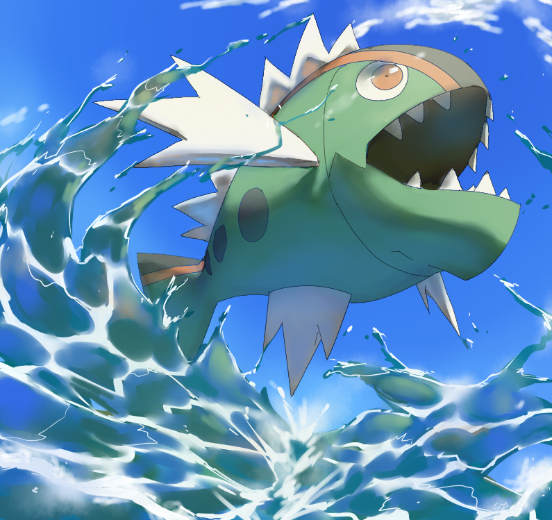 basculin basculin_(red) blue_sky cloud commentary day english_commentary fish fish_focus gen_5_pokemon jumping open_mouth outdoors pinkgermy pokemon red_eyes sharp_teeth sky splashing teeth water