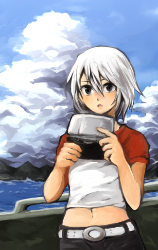 1girl another_code ashley_mizuki_robbins belt black_eyes cloud denim handheld_game_console jeans land-k looking_at_viewer navel nintendo_ds open_mouth pants short_hair short_sleeves solo white_hair