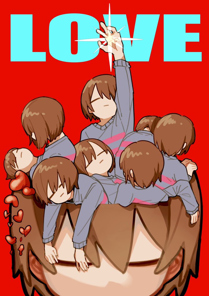 6+others :| =_= androgynous arm_up blue_sweater brown_hair child clone closed_eyes closed_mouth english_text expressionless frisk_(undertale) heart hole_in_head hollow_body long_sleeves lying mini_person multiple_others on_back outstretched_arm red_background short_hair simple_background size_difference sweater tadeno undertale upper_body